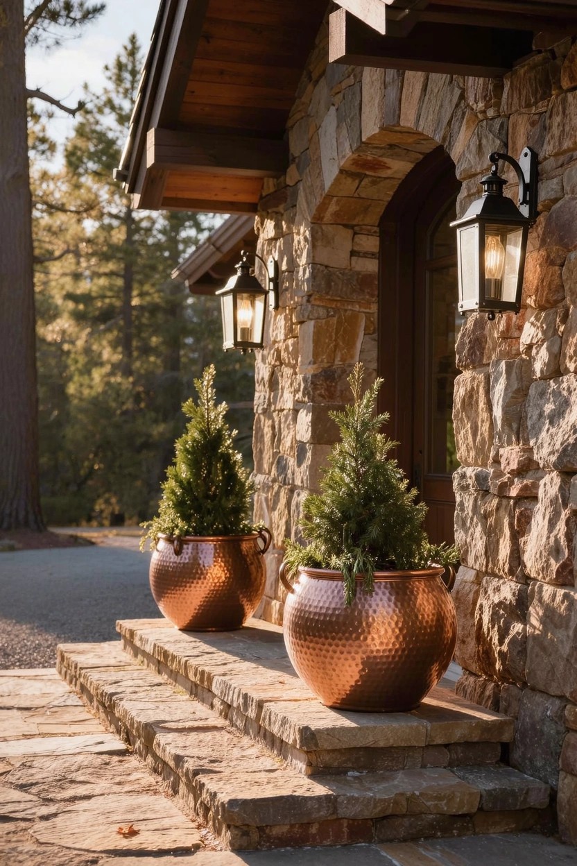 Rustic stone house entryway with arched wooden door, flanked by two large hammered copper planters containing small evergreen trees on wide stone steps, wall lanterns lit, and pine trees in background.