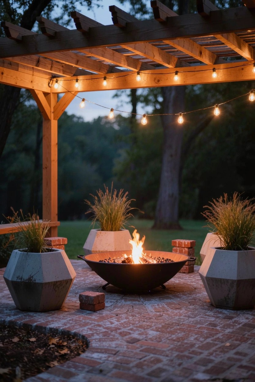 Wooden pergola with string lights over a brick paver patio featuring a central black fire bowl surrounded by four large geometric concrete pots filled with tall ornamental grasses.
