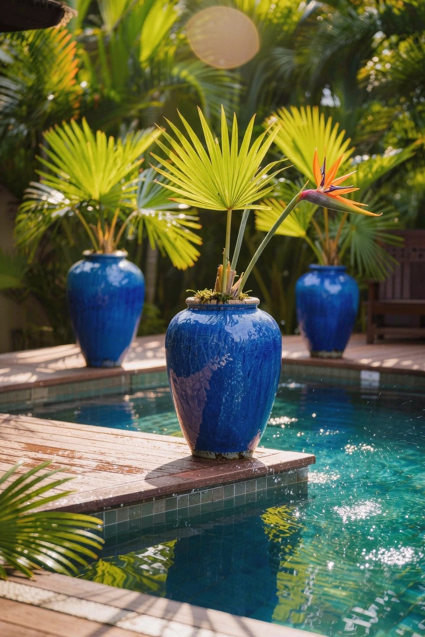 Three tall blue-glazed ceramic pots with tropical plants on a wooden deck next to a turquoise swimming pool, surrounded by palm fronds and a bird of paradise flower.