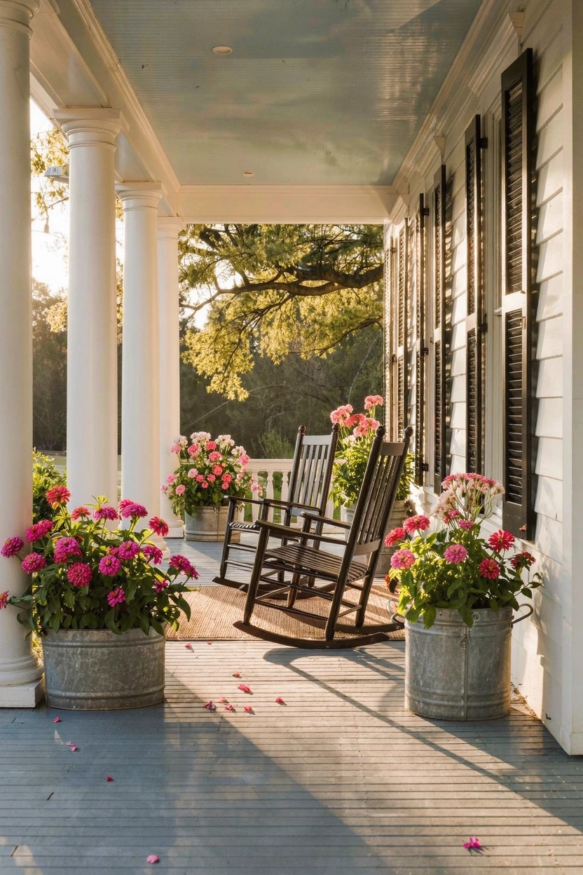 Front porch with white columns, blue ceiling, black shutters, two wooden rocking chairs, and large galvanized metal buckets filled with pink geraniums flanking the seating area.