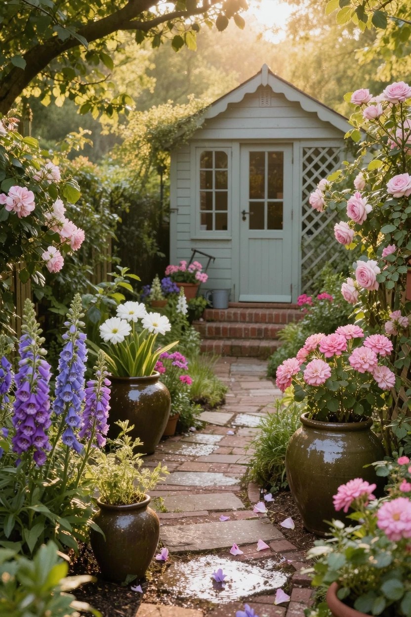 Mint-green wooden garden shed with double doors at the end of a brick pathway lined with large terracotta pots of purple delphiniums, white daisies, and pink roses climbing the structure in a lush garden.