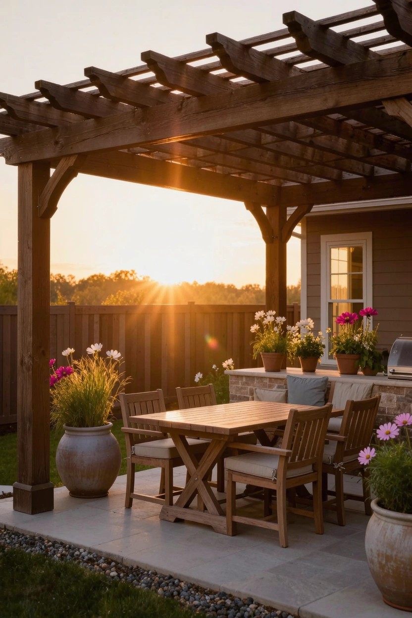 Wooden pergola over a patio with rectangular dining table, cushioned chairs, large terracotta pots with grasses and flowers, potted blooms, grill, and house behind fence at sunset.