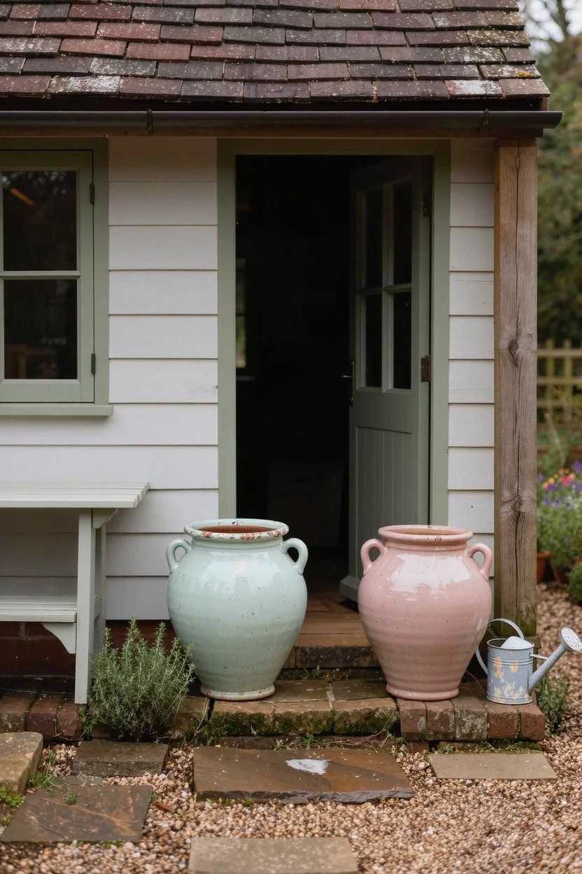 White clapboard garden shed with green window frames and open door, two large glazed terracotta pots in pastel green and pink placed on gravel steps, wooden bench to the side, pink watering can, and lavender plants nearby.