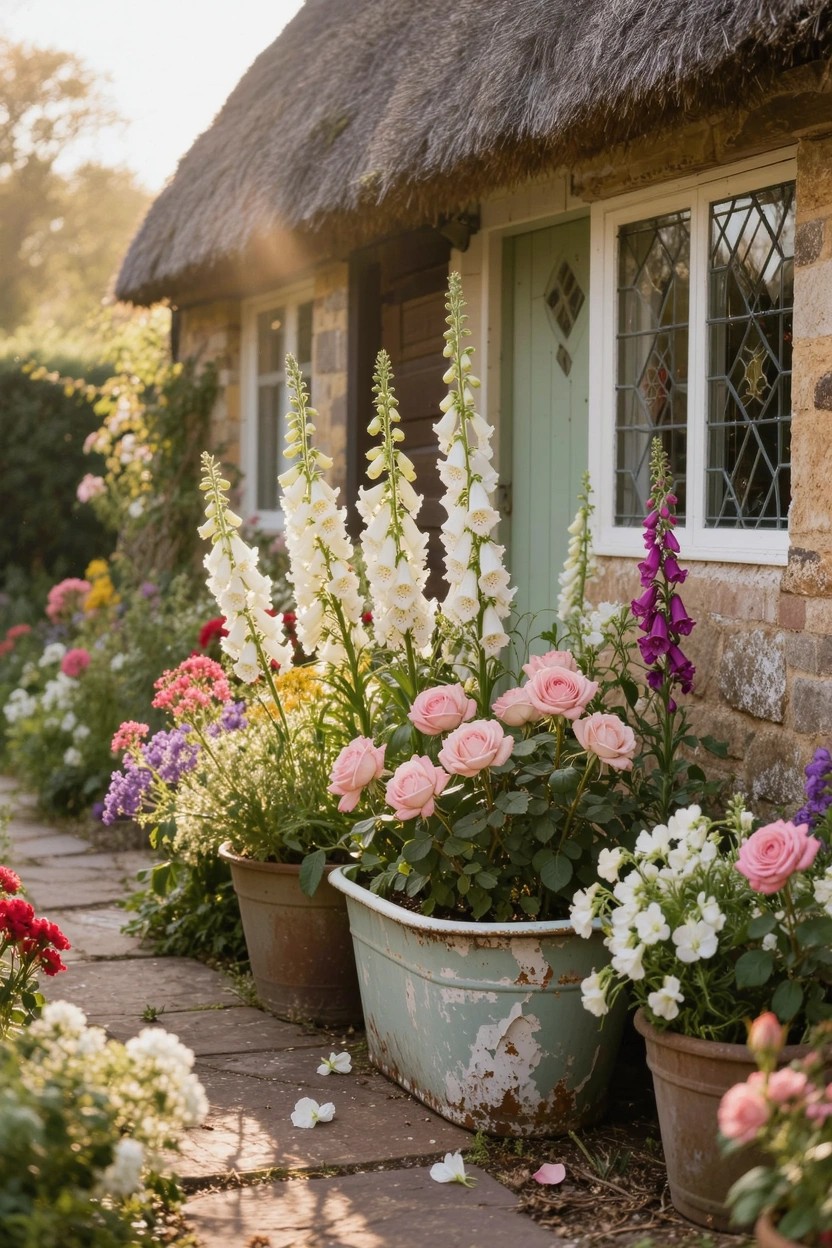 Stone path leading to a green cottage door, lined with large terracotta pots and a rusted metal tub planter filled with pink roses amid colorful flowers like white foxgloves and purple blooms.