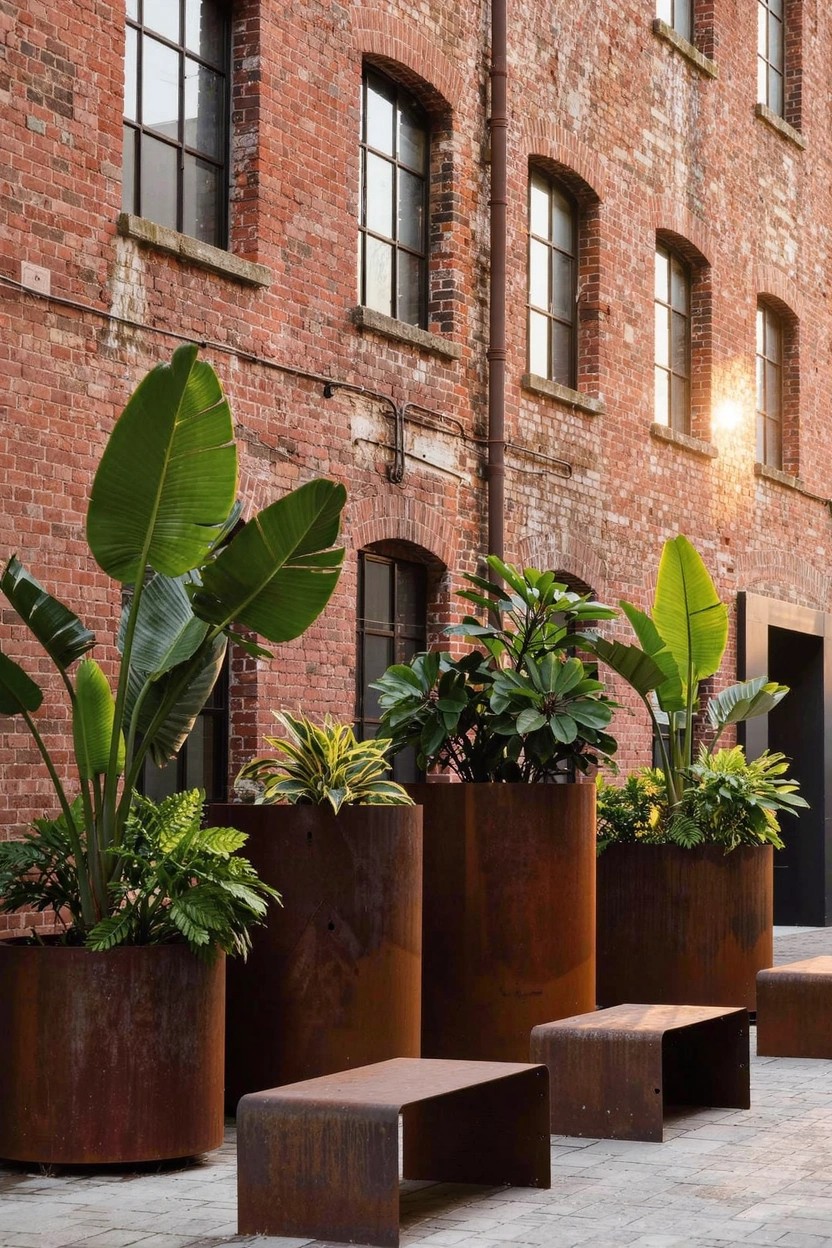 Red brick industrial building exterior with multiple tall cylindrical rusted metal planters containing tropical plants such as banana leaves, along with matching metal benches on a paved courtyard.