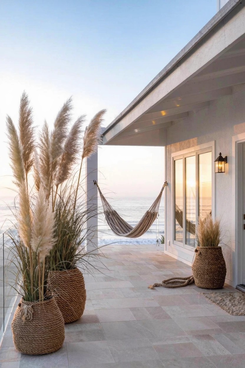 White modern house balcony with large woven basket pots filled with tall pampas grass, a hanging hammock, glass doors, tiled floor, and ocean view at sunset.