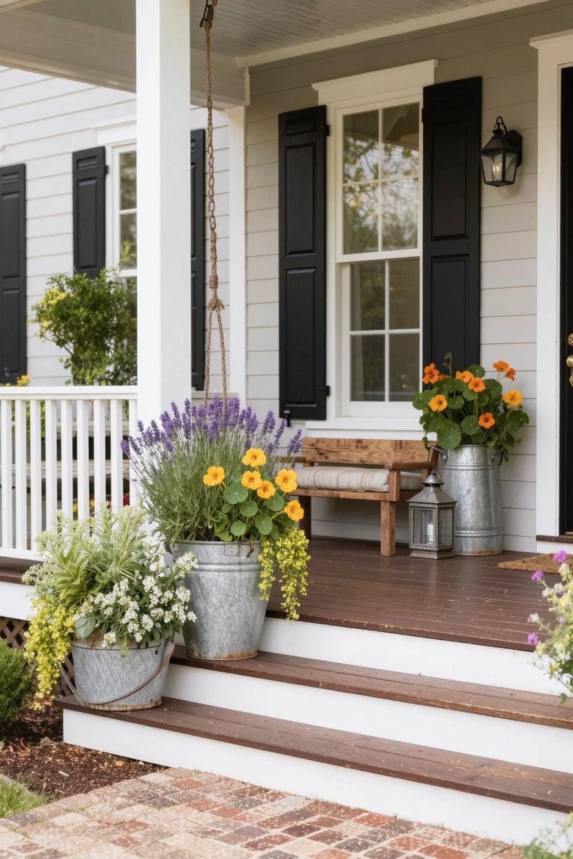 Front porch steps of a light gray house lined with three large galvanized metal buckets filled with purple lavender, yellow and orange flowers, and trailing greenery, next to a wooden swing bench and additional potted plants.