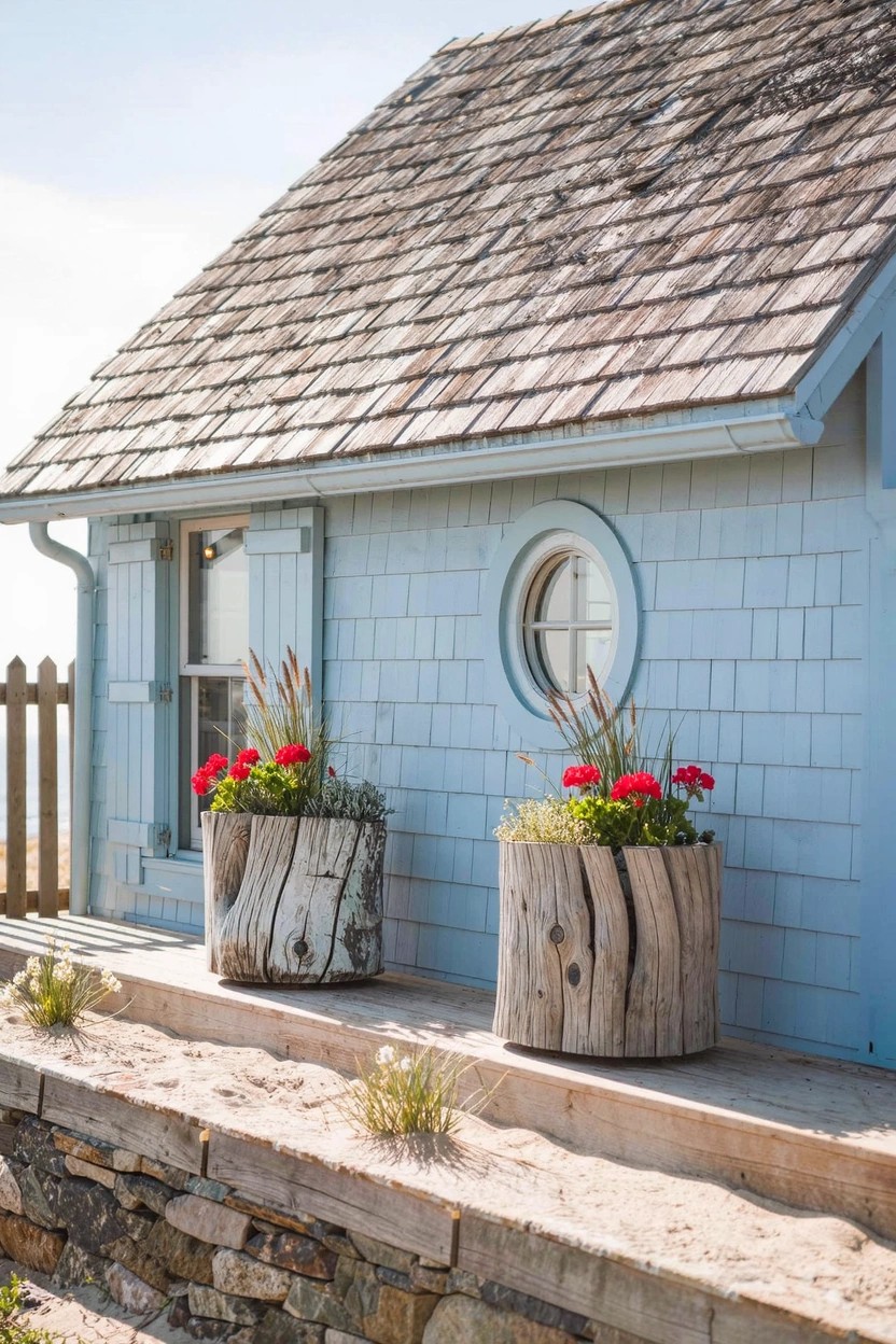 Light blue shingled cottage exterior with two tall wooden log slice planters filled with red geraniums on a stone ledge.
