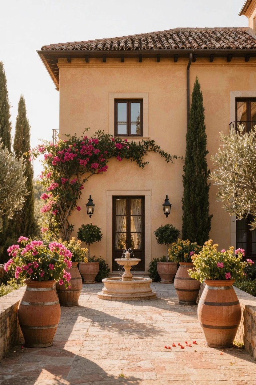 Beige stucco house with terracotta tile roof overlooking a stone-paved courtyard featuring a central fountain flanked by large terracotta pots filled with pink bougainvillea, additional potted plants, tall cypress trees, olive trees, and wall lanterns.