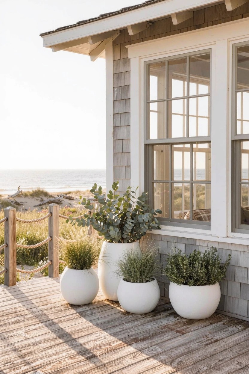 Gray shingled beach house corner with large white round pots holding eucalyptus branches, grasses, and shrubs on a wooden deck next to a multipaned window, overlooking sand dunes and ocean.