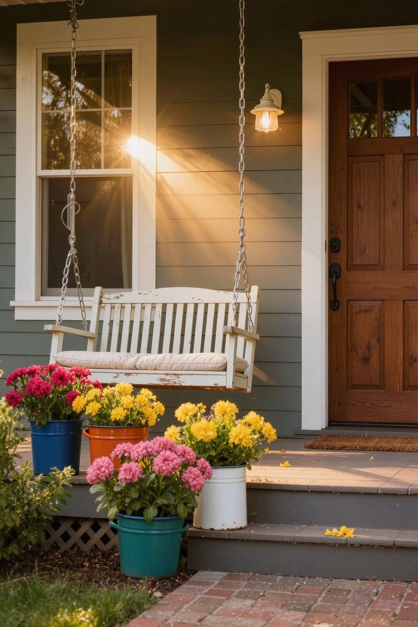 Green shingled house with hanging white porch swing, wooden front door, hanging lantern light, and clusters of colorful potted flowers in blue, orange, and white containers on brick steps beside the entry.