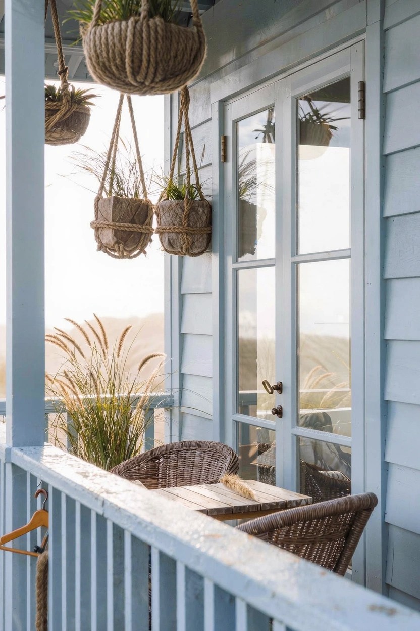 Light blue clapboard house porch with open French doors, multiple hanging rope basket planters with greenery, potted pampas grass, wicker chairs and table on the deck.