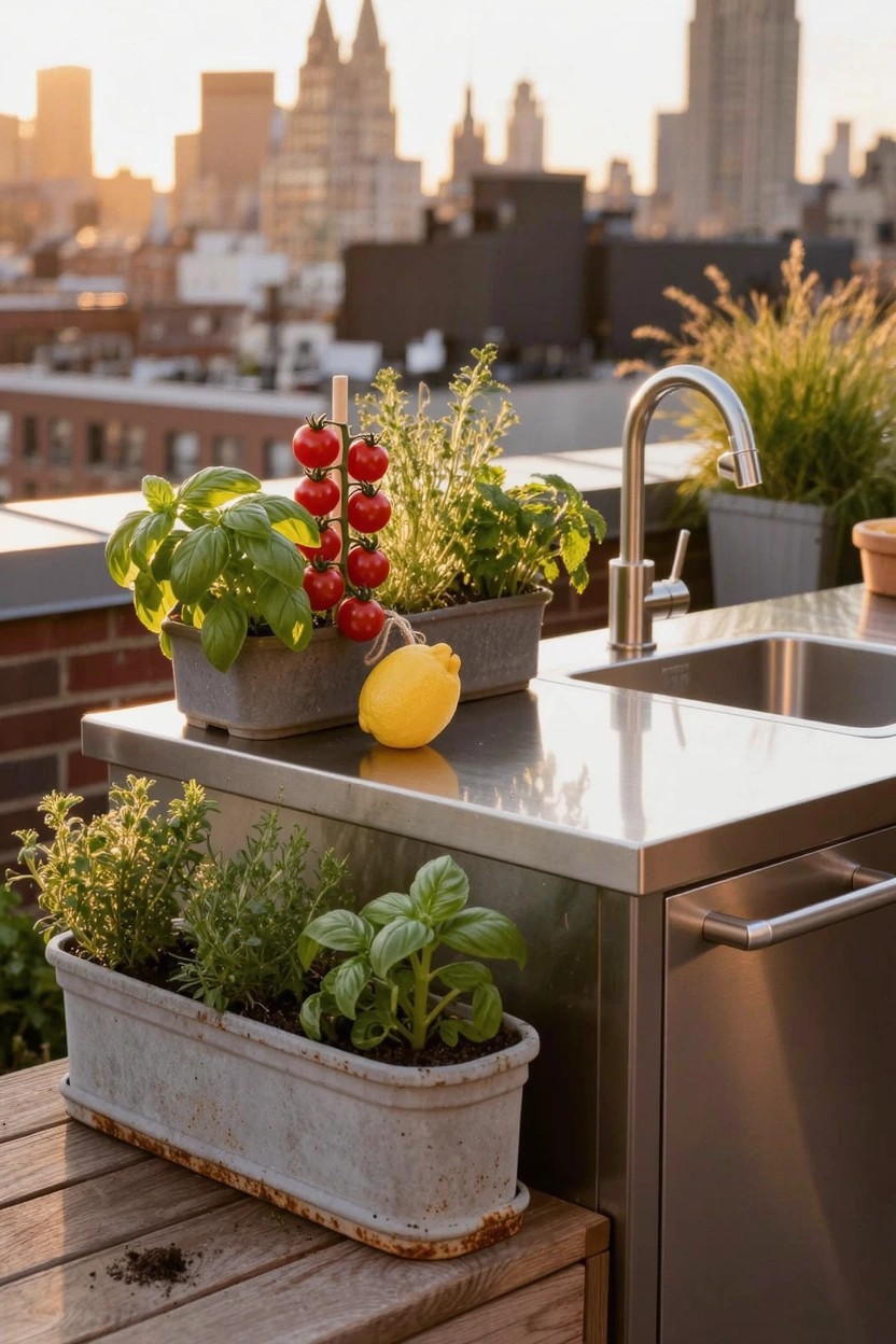 Stainless steel outdoor sink and counter on a rooftop decked with potted basil, cherry tomatoes, lemon, and herbs, viewed against a sunset city skyline.