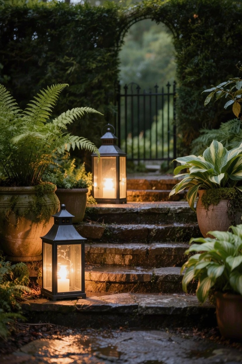 Stone steps flanked by black lanterns with lit candles and large potted ferns plus hostas in terracotta pots, leading toward a black iron gate in a dense green hedge.