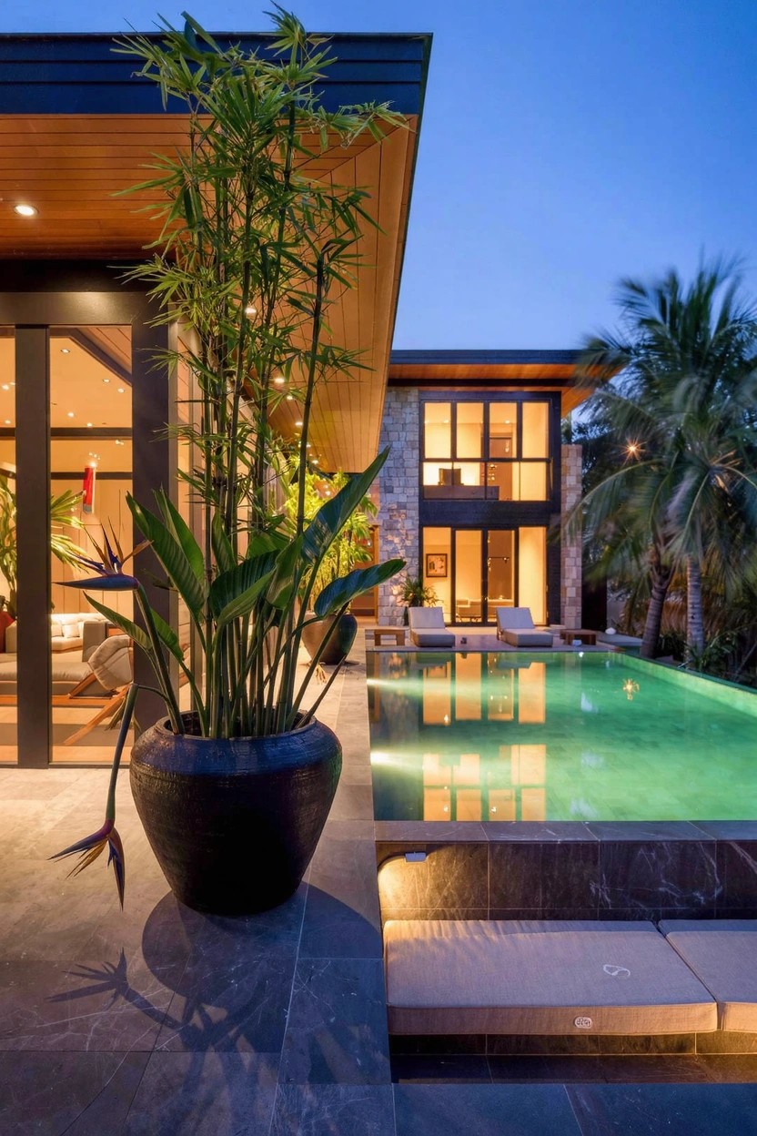 Arched wooden door set in a weathered stone wall, flanked by ferns in blue and green metal pots and hydrangeas in blue pots, with a stone pathway and doormat in front.