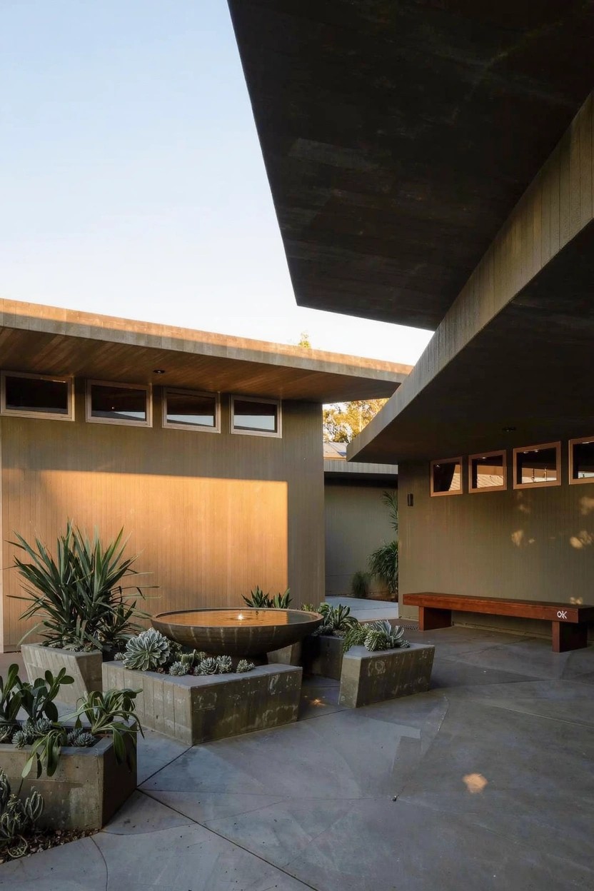 Gravel patio corner with terracotta pots of rosemary and olive trees on a low stone bench against a brick wall, wooden trellis with climbing white flowers, string lights on a pergola, and a metal fire pit with flames.