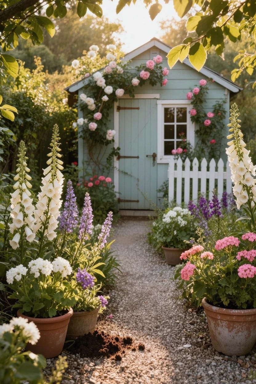 Turquoise garden shed with pink climbing roses on a trellis, flanked by large terracotta pots of white and pink flowers along a gravel path, with foxgloves and a white picket fence nearby.