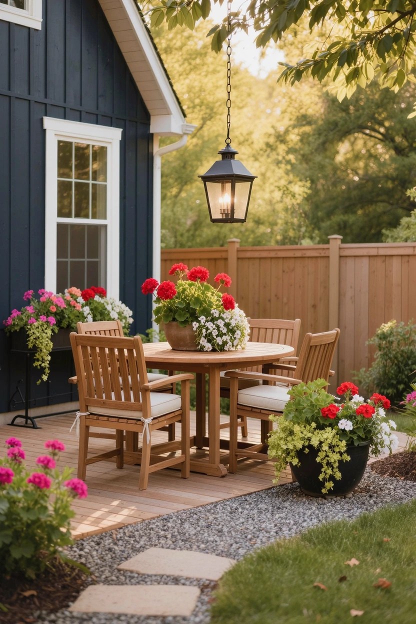 Dark blue sided house exterior with wooden deck patio holding a round wooden table and four slat-back chairs surrounded by large pots of red geraniums and white flowers, a hanging black lantern, wooden fence, gravel path, and stepping stones.