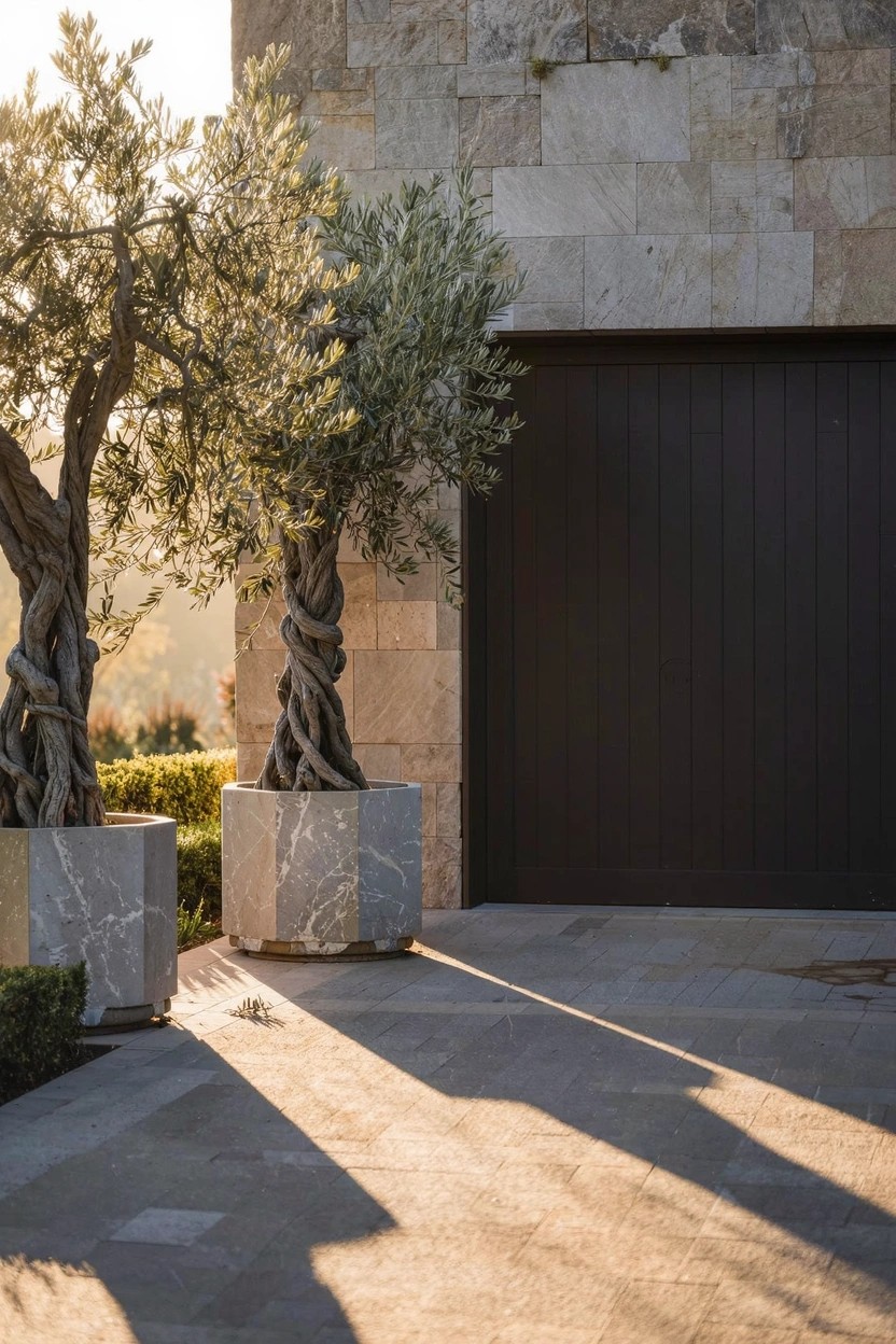 Two large olive trees with twisted trunks in white marble pots stand beside a dark paneled garage door against a stone wall on a paved driveway in late afternoon light.