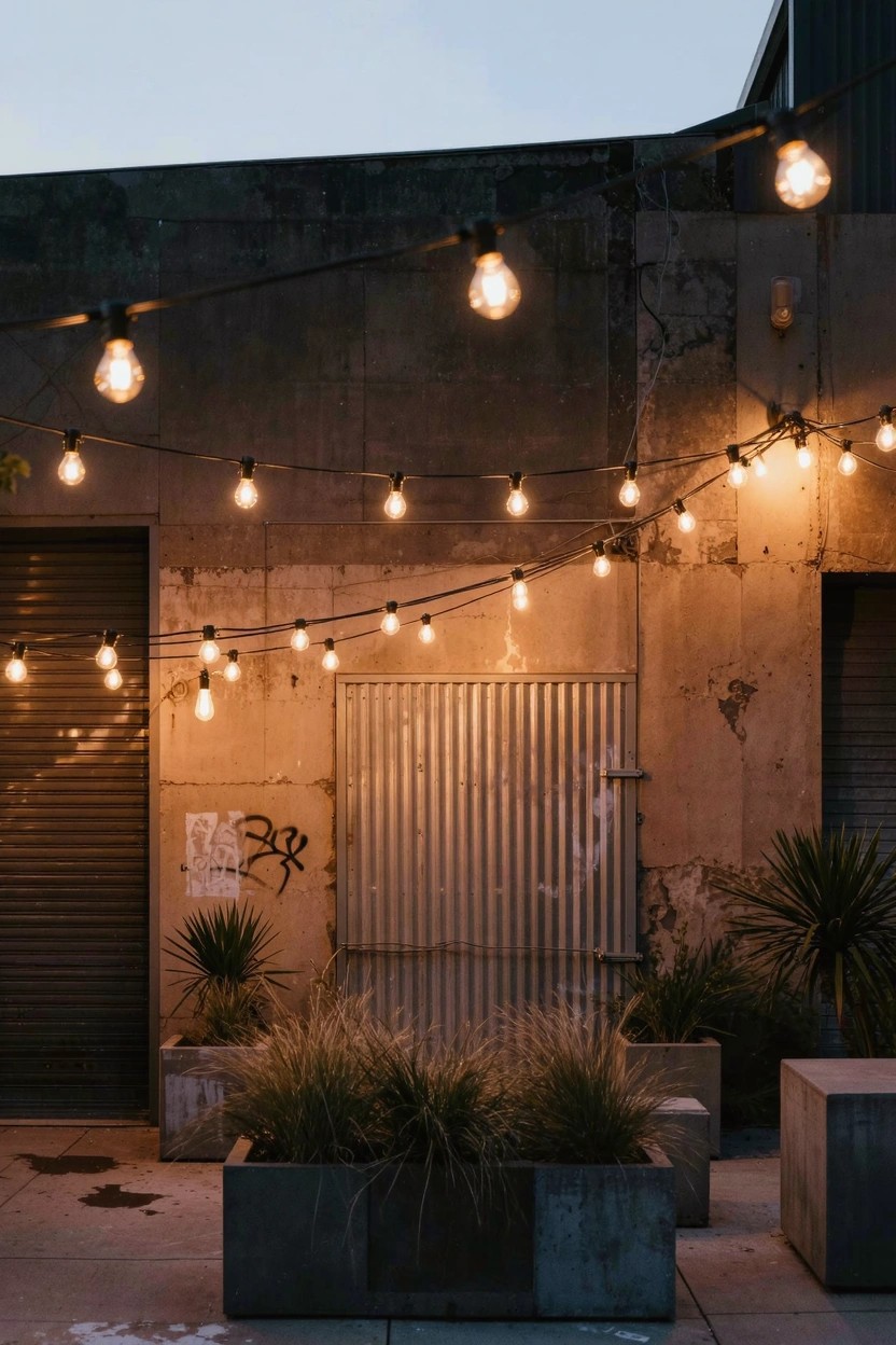 Rooftop patio with concrete walls, metal roll-up door, large concrete planters holding tall grasses and fan palms, and overhead string lights with exposed bulbs.
