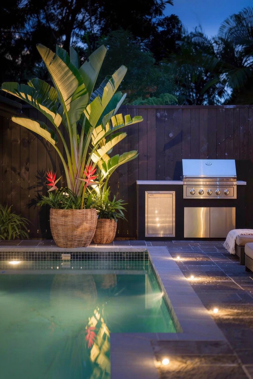 Poolside patio at dusk with large potted banana plants and red heliconia flowers beside a stainless steel BBQ grill and wine cooler, wooden fence backdrop, tiled pool edge, lounge chairs, and ground lights.