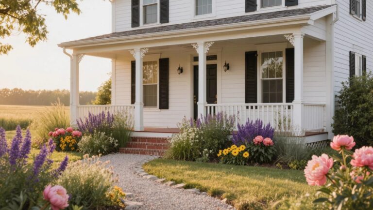 Craftsman-style house with tapered porch columns, wooden bench, lanterns, and a curved flower bed of coneflowers, daylilies, lavender along stone retaining wall and gravel driveway.