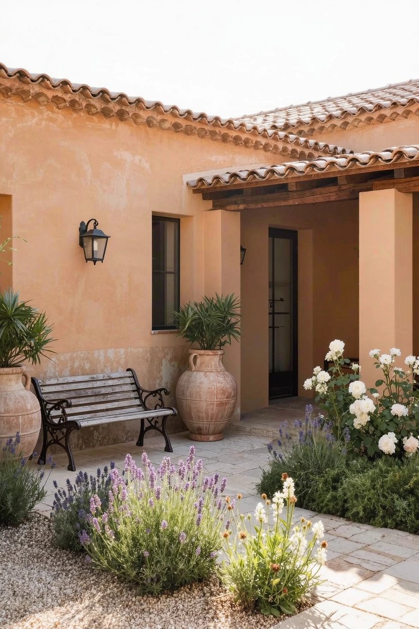 Peach stucco house exterior with tiled roof, covered entry porch, wooden bench on gravel patio edged by lavender plants and white roses, large terracotta pots, and stone path.