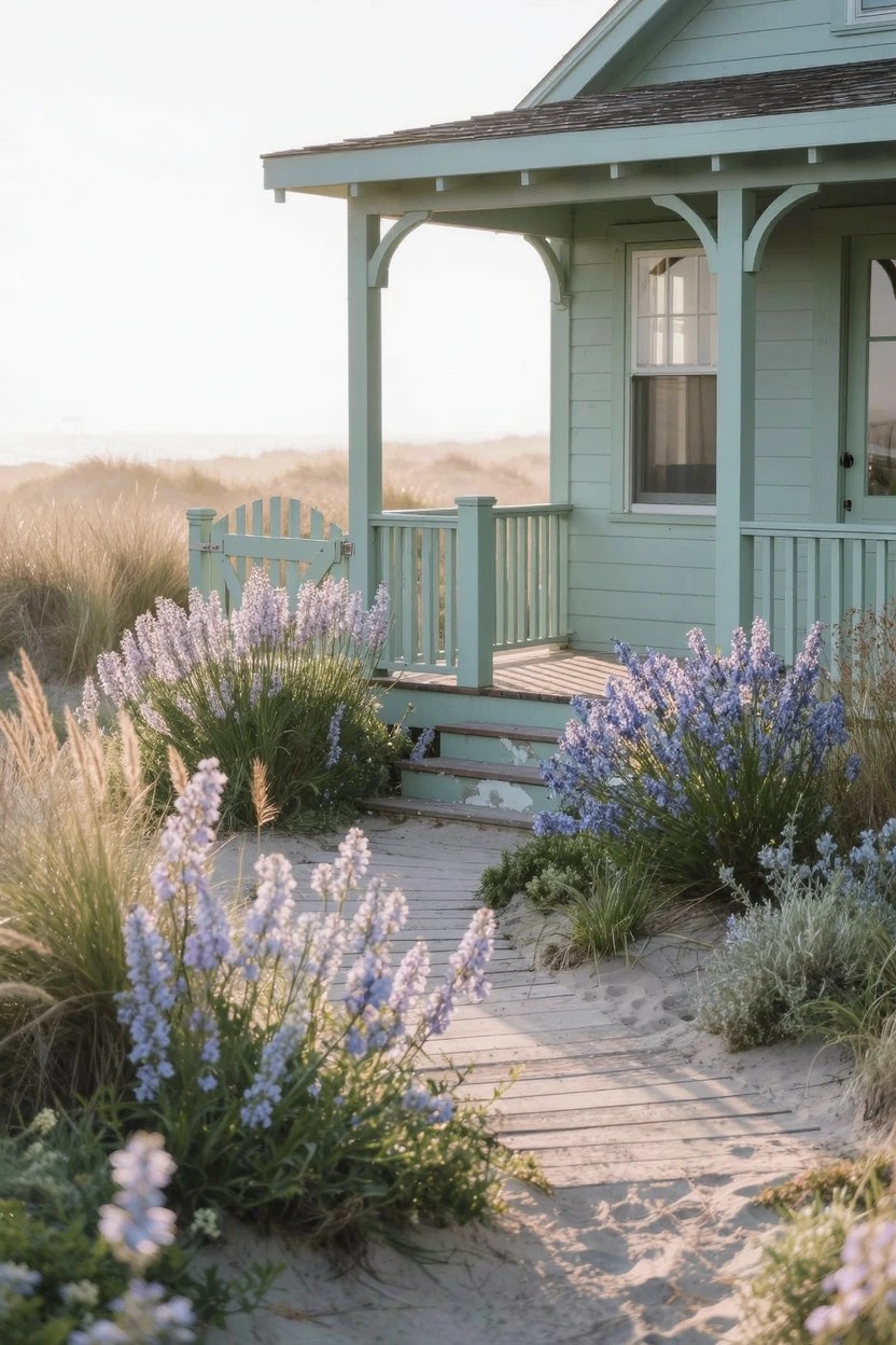 Mint-green beach cottage with covered porch and white-trimmed windows, purple lupine flowers and beach grass lining a sandy path to the entry.