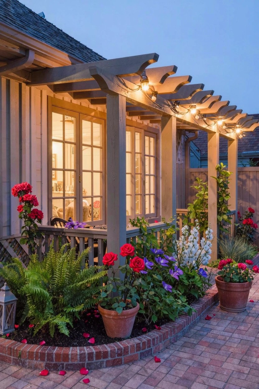 Home exterior at dusk featuring a pergola-covered patio area edged by flower beds with red roses, purple flowers, white tall blooms, ferns, and potted plants, string lights on the pergola, and a brick pathway.