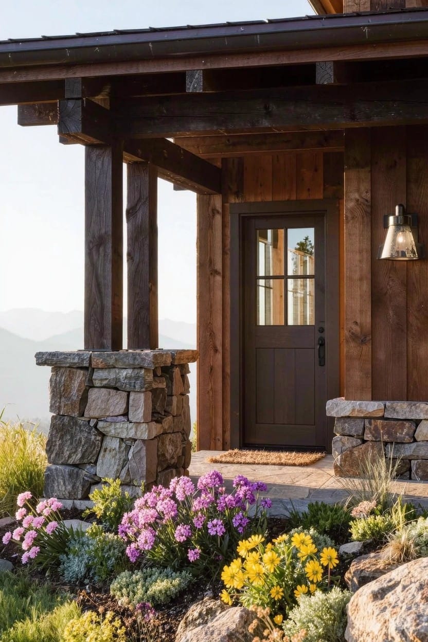 Rustic covered porch entry on a wooden house with stone pillars, dark wood door, wall lantern, and flower bed of pink flowers, yellow daisies, succulents, grasses, and rocks at the base.