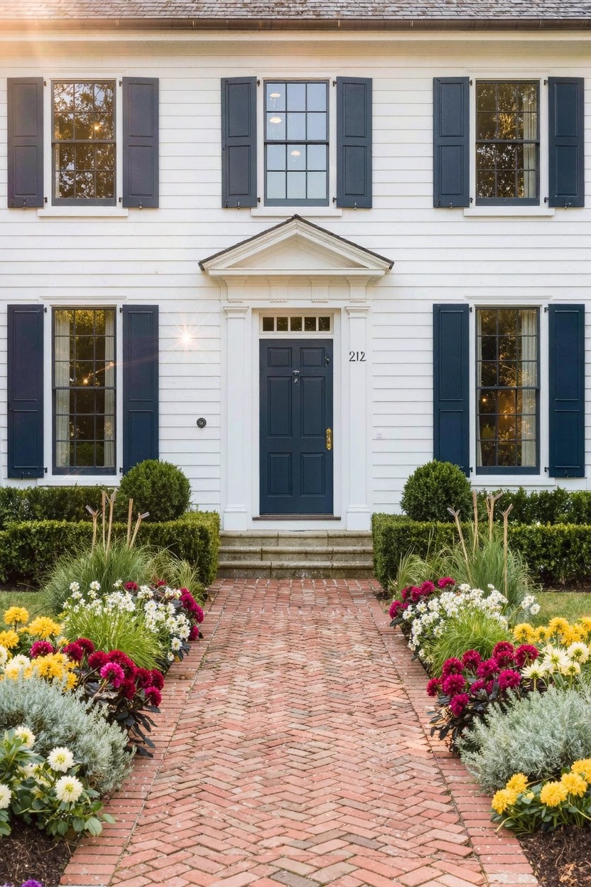 White clapboard house with black shutters and dark blue front door at number 212, fronted by a brick pathway lined on both sides with colorful perennial flower beds of pink, red, yellow, and white blooms, edged by boxwood shrubs and ornamental grasses.