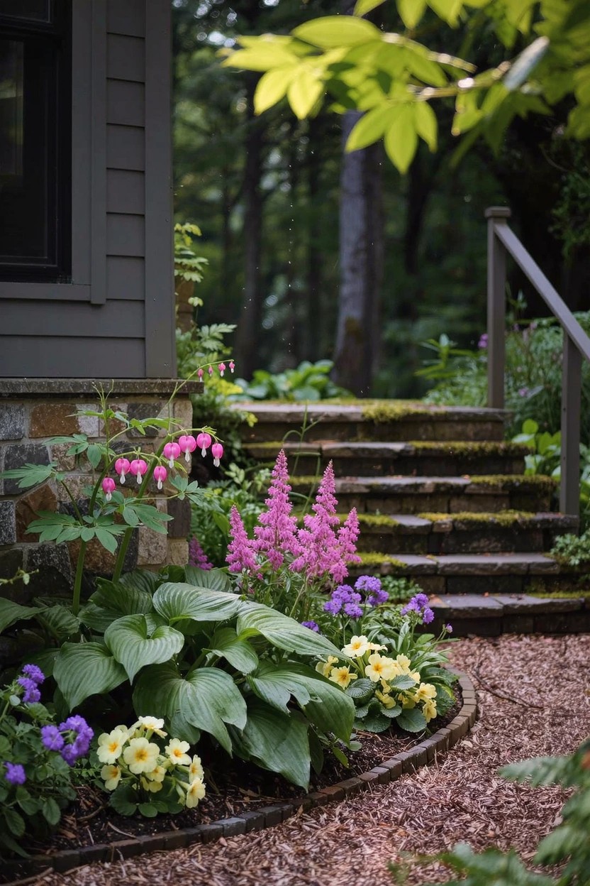 Dark gray house with stone foundation and moss-covered stone steps to the entry, edged by a curved garden bed of pink foxgloves, hosta leaves, and purple and yellow violas beside a gravel path in a wooded setting.