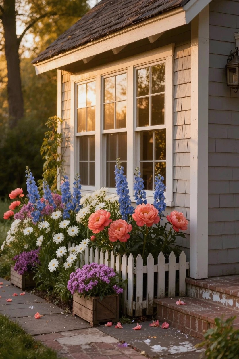 Gray shingled house corner with multipaned windows and a lantern light, fronted by colorful perennial flower beds of blue delphiniums, white daisies, orange peonies, and purple asters in wooden planters, bordered by a low white picket fence along a brick path.