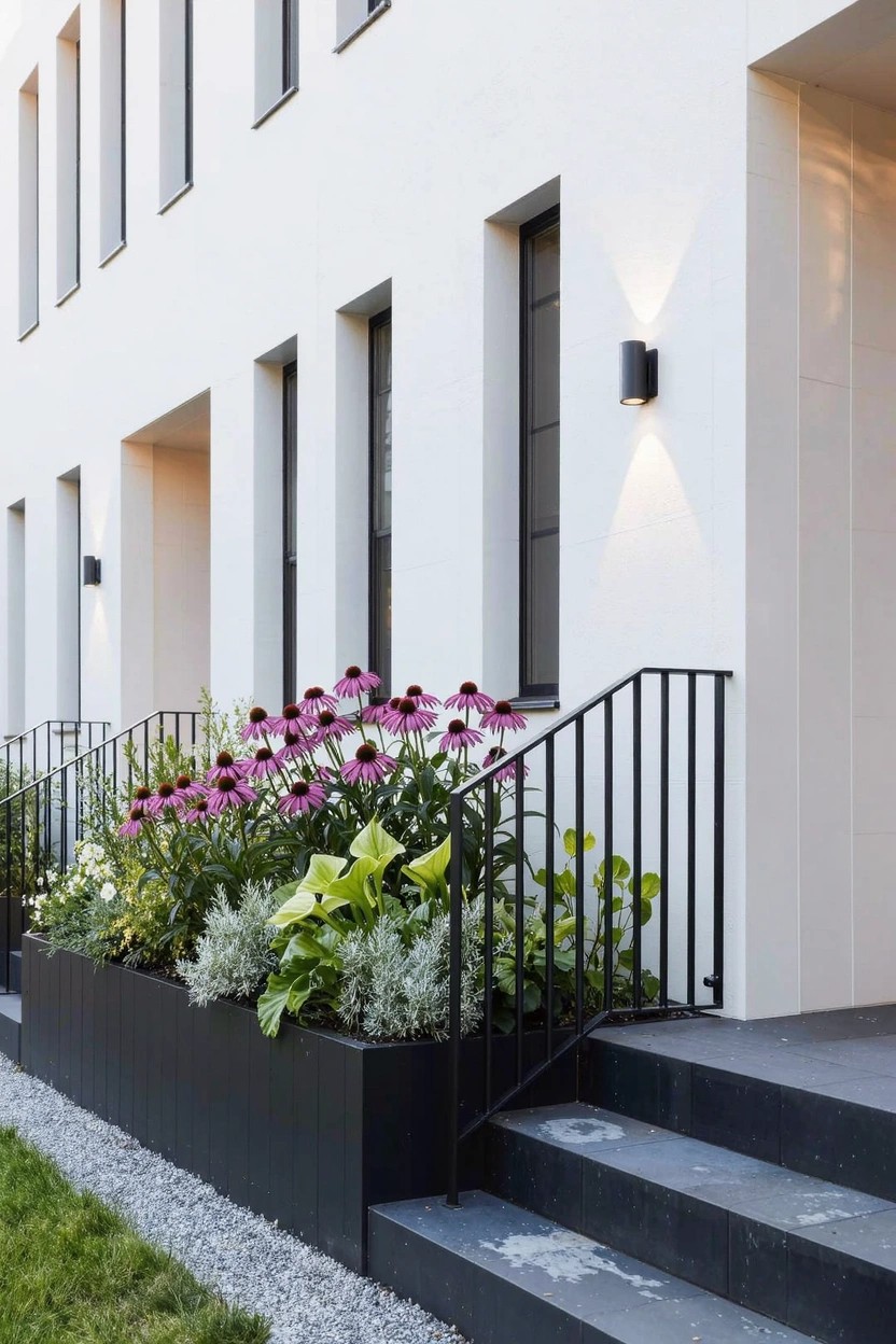 White modern building exterior with black-framed windows and door, black wall lights, concrete steps with black railing, and a large black raised planter box filled with purple coneflowers, white flowers, and green plants.