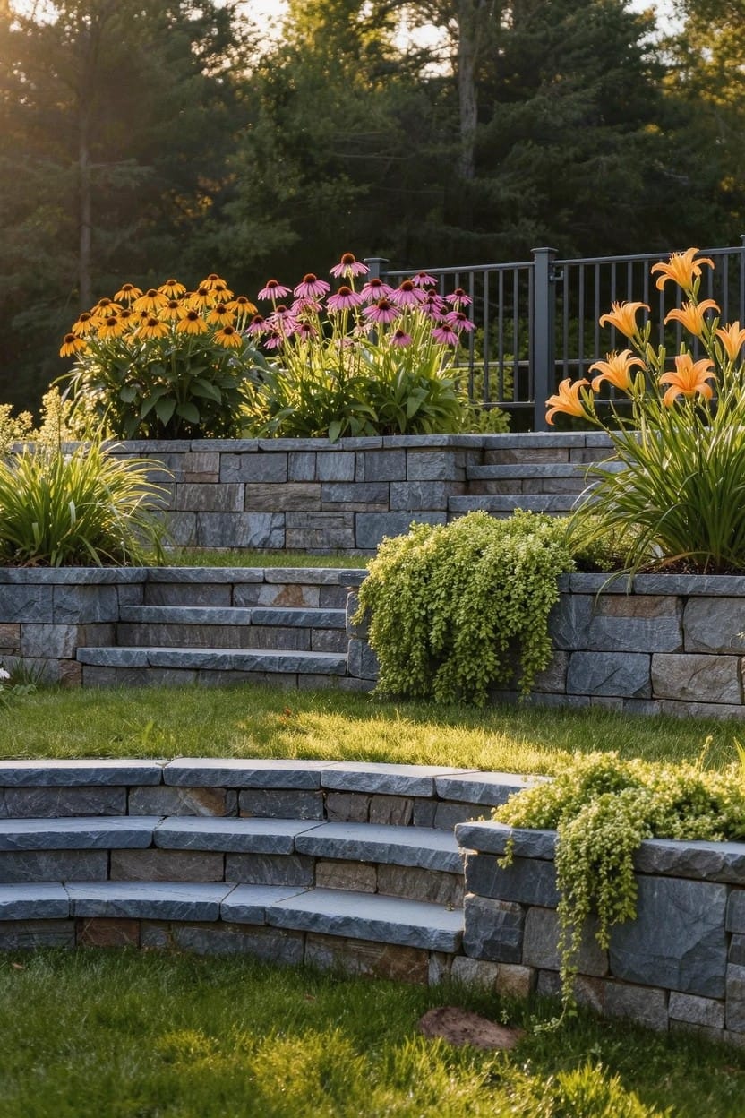 Tiered Flower Beds on Stone Walls