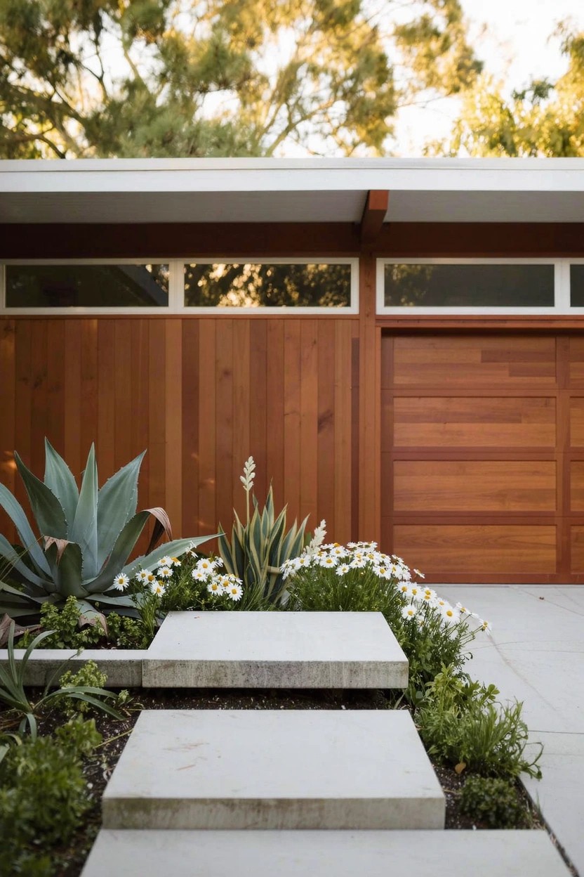 Modern house exterior with horizontal wood siding, wooden garage door, concrete steps leading to driveway, and adjacent flower beds planted with large agave, agapanthus, succulents, and white daisies.