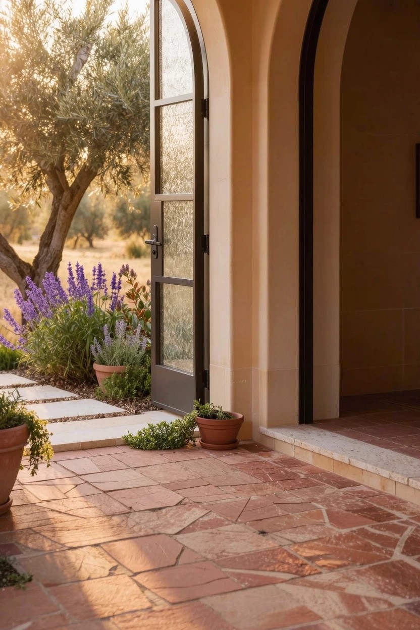 Beige stucco wall with open arched French doors overlooking a terracotta-tiled patio edged by lavender plants in beds and pots, olive tree and wildflowers nearby in warm evening light.