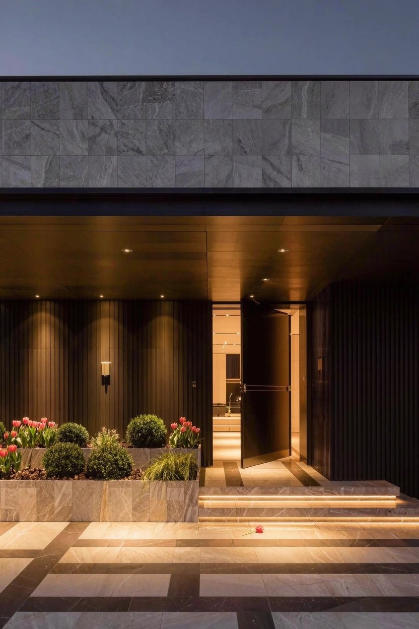 Modern home exterior featuring dark wood-paneled walls, a large dark entry door under a black overhang, raised light stone planters with red tulips and green boxwood shrubs beside a light stone pathway with edge lighting, viewed at dusk with warm wall lights.