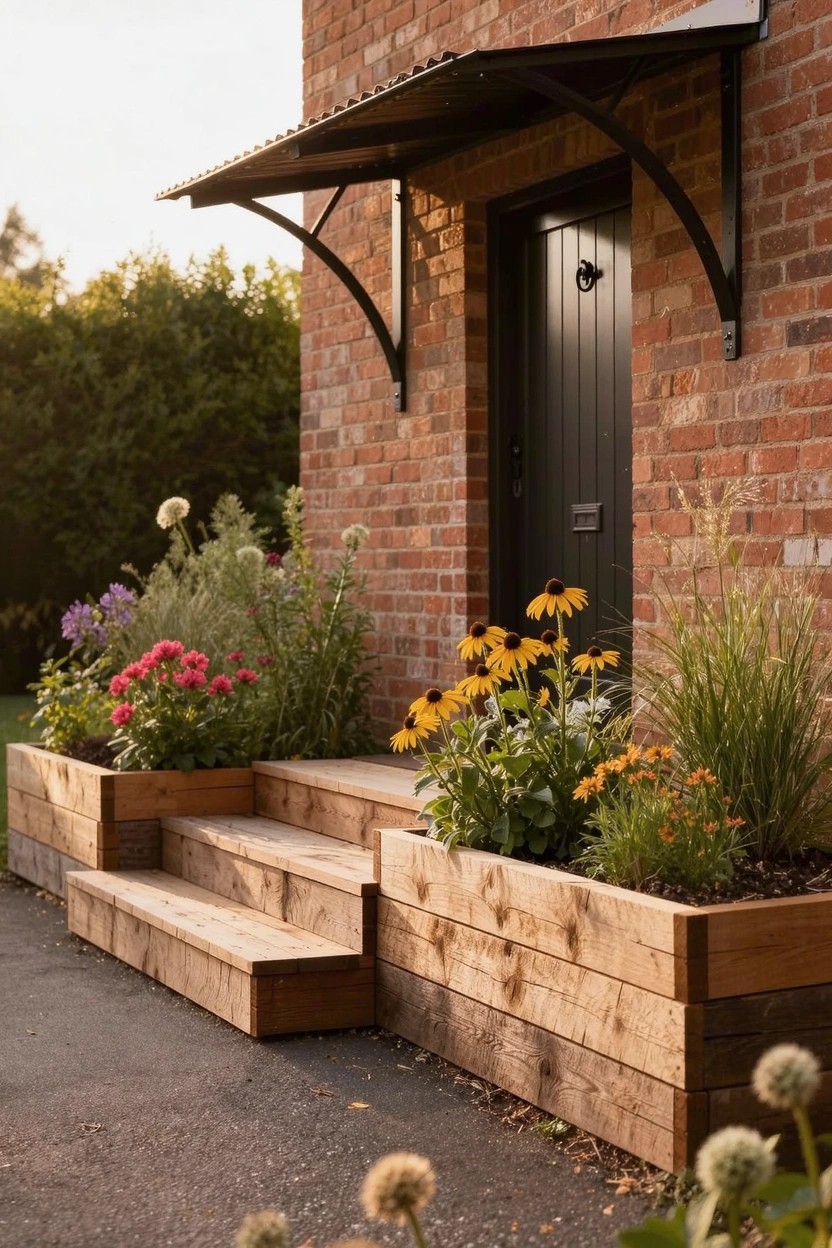 Brick house wall with black front door under metal awning, wooden steps from driveway up to door flanked by raised wooden planters containing pink flowers, sunflowers, and grasses.