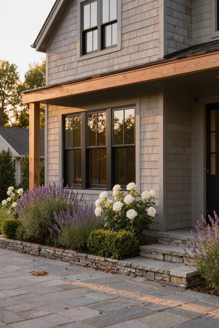 Gray shingle house with wooden porch overhang, black-framed windows and door, stone paver steps and path bordered by boxwood shrubs, lavender plants, and white hydrangea blooms.