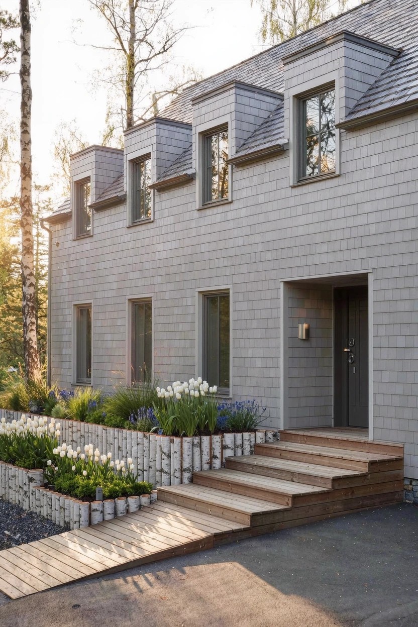 Gray clapboard house with dormer windows and wooden entry steps, flanked by a flower bed of white lilies, blue flowers, grasses, and white stone borders along a driveway path.