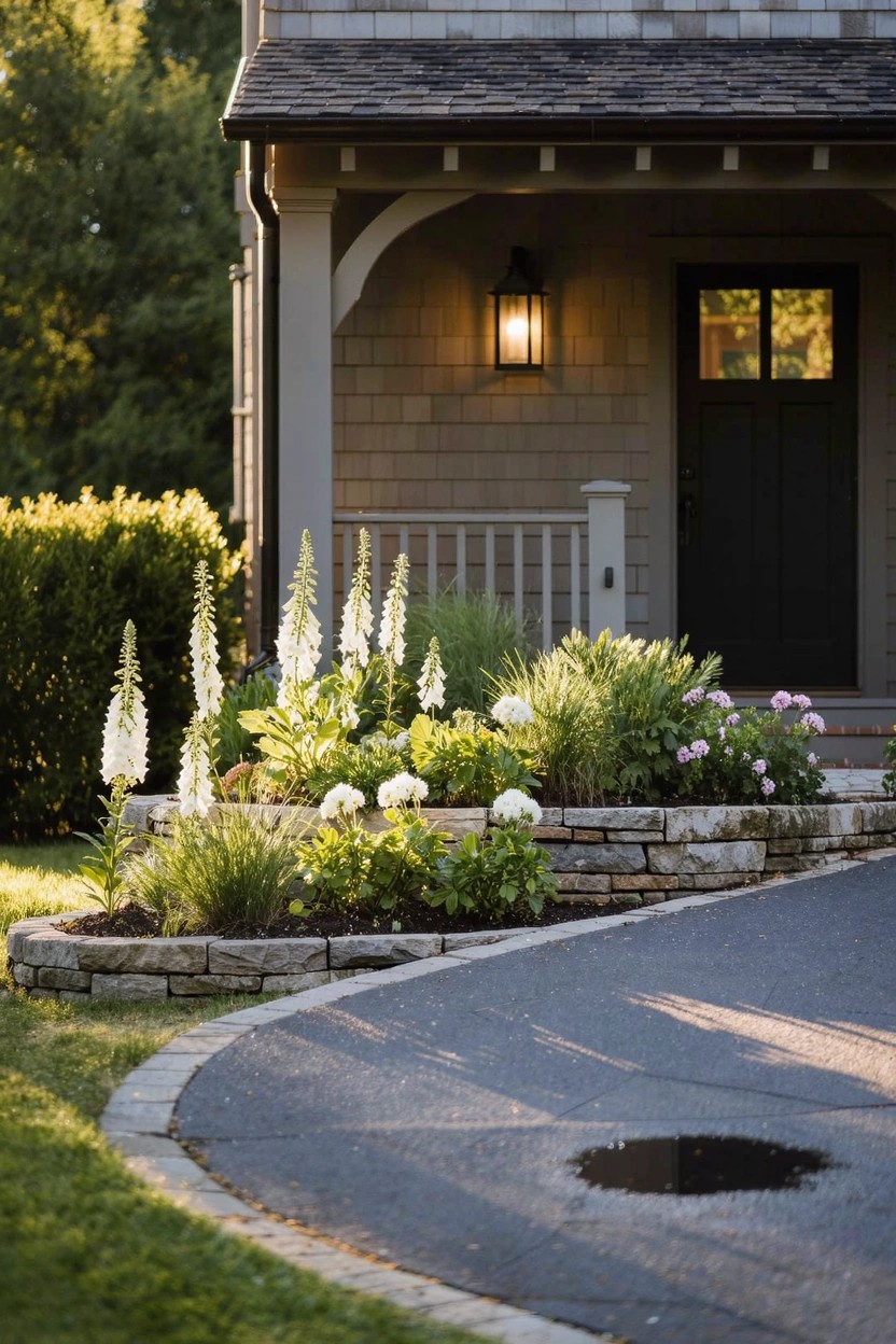 Gray shingle house with dark wood front door and covered porch, curved asphalt driveway edged by low stone retaining wall planted with tall white foxgloves, hydrangeas, and grasses.
