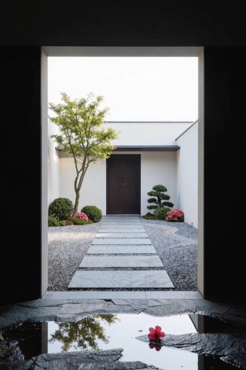 Open doorway view of a dark wooden door on white building reached by stone slab pathway through gravel garden with bonsai trees and pink flowering shrubs on sides, puddle reflecting scene on dark floor.