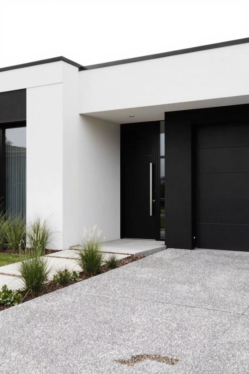 White modern house with black front door, black garage door, pebbled driveway edged by tall grasses, and concrete path leading to the entry.
