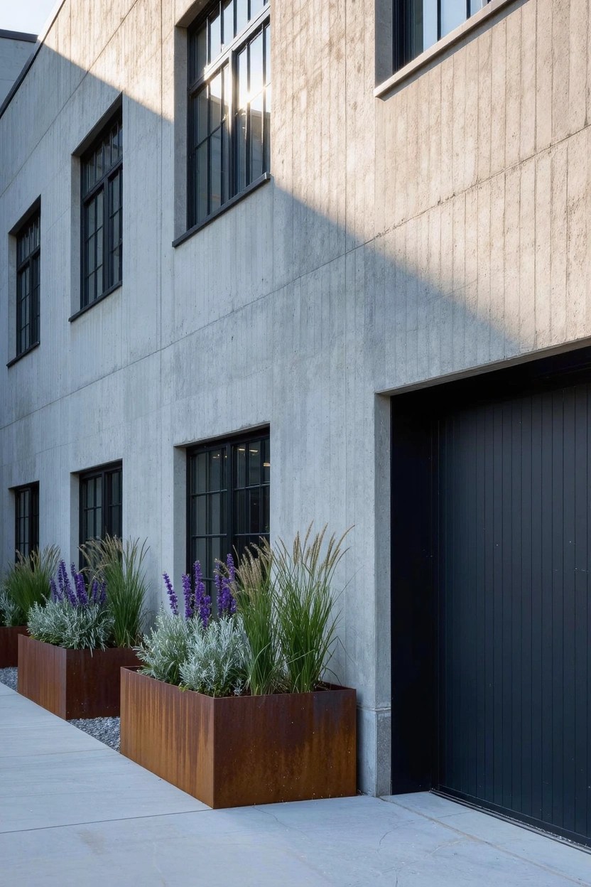Gray concrete building facade with black-framed windows and black garage door beside tall rectangular rust-colored metal planters filled with purple lavender and tall ornamental grasses along a concrete sidewalk.