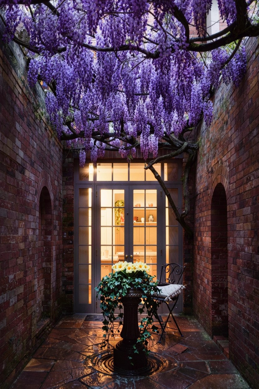 Narrow brick-walled courtyard at dusk with purple wisteria canopy overhead, central black pedestal urn filled with yellow flowers and greenery, white chair nearby, and lit French doors at the end.