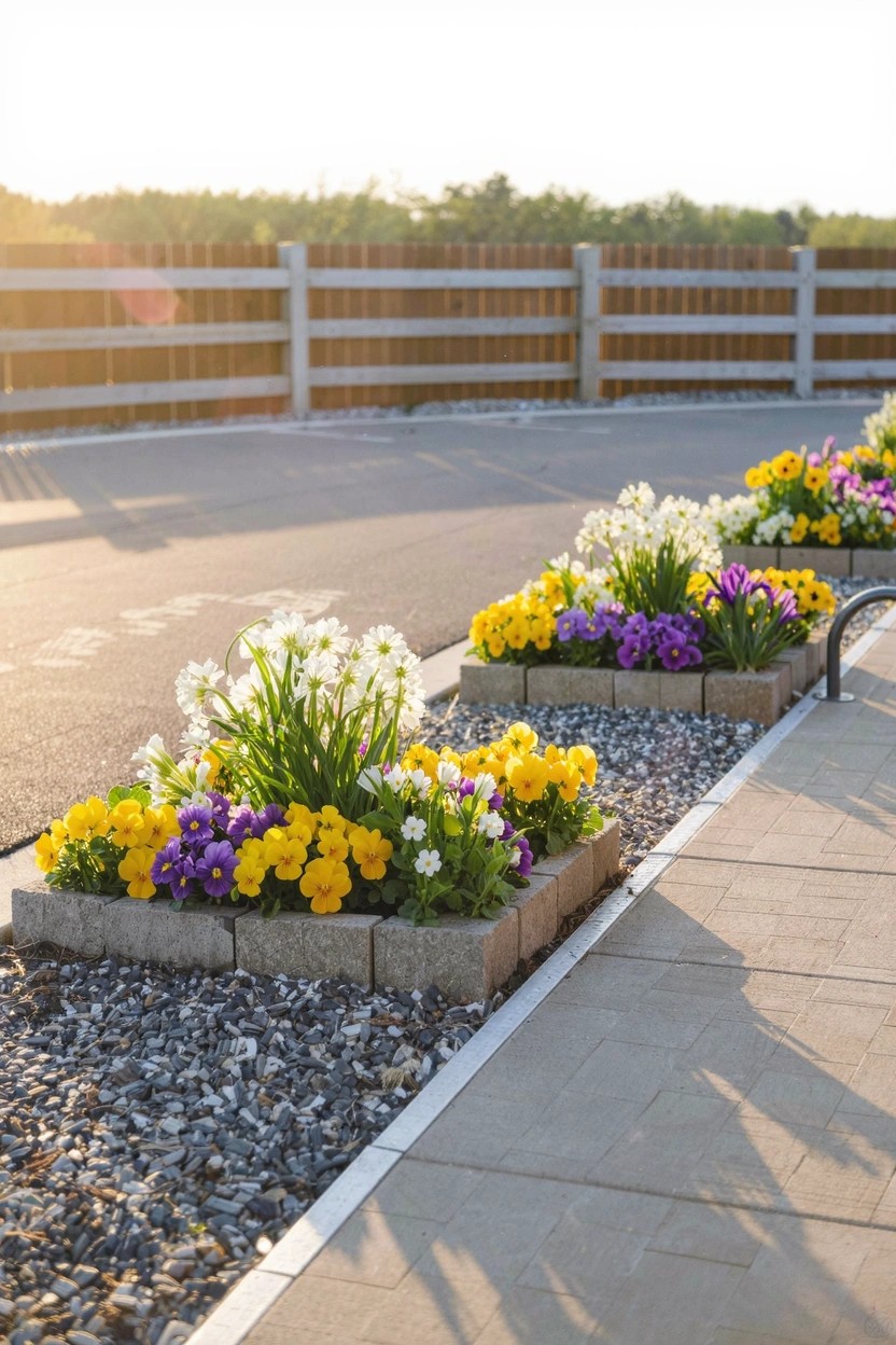 Paved walkway edged with gravel and concrete block planters filled with yellow, purple, white, and pink flowers, adjacent to a wooden fence in sunlight.