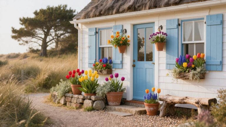 White shingle house with blue front door flanked by two hanging pots of blue flowers, large terracotta pots of red, yellow, orange tulips nearby, stone path, driftwood bench, and cypress trees in background.