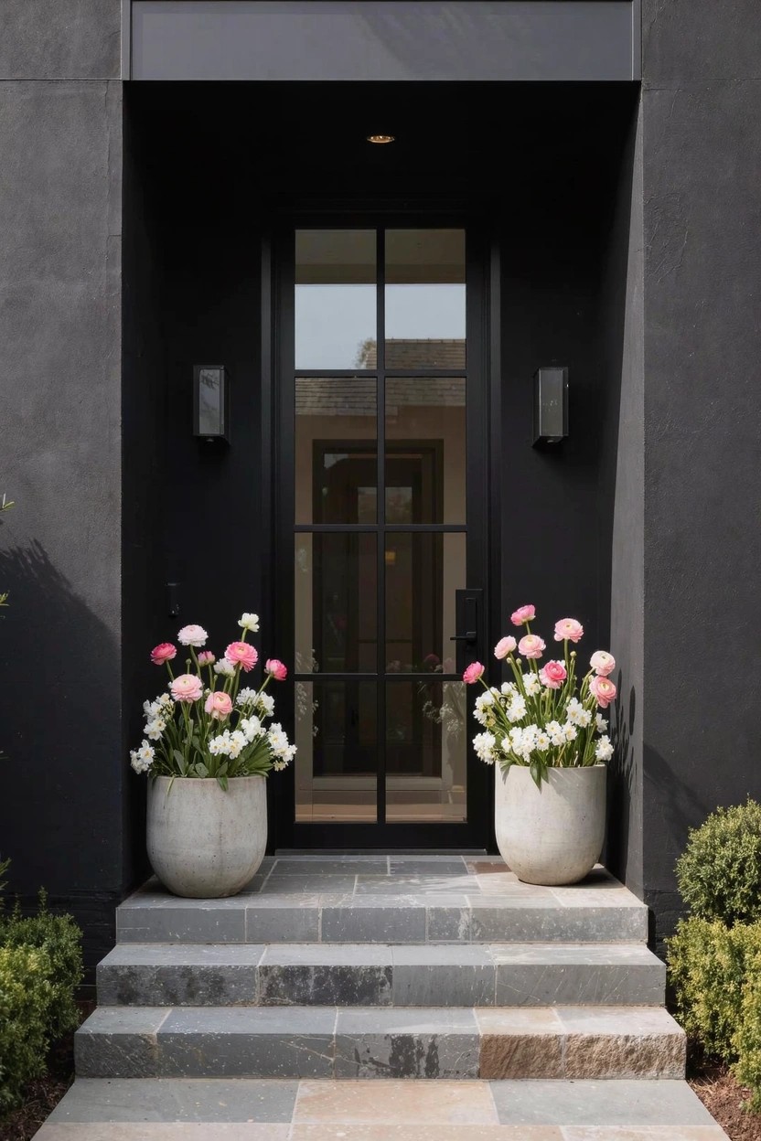 Modern home entrance featuring a black metal-framed glass door centered between two large white ceramic pots filled with pink peonies and white flowers, flanked by dark siding, wall-mounted black lanterns, and stone steps.