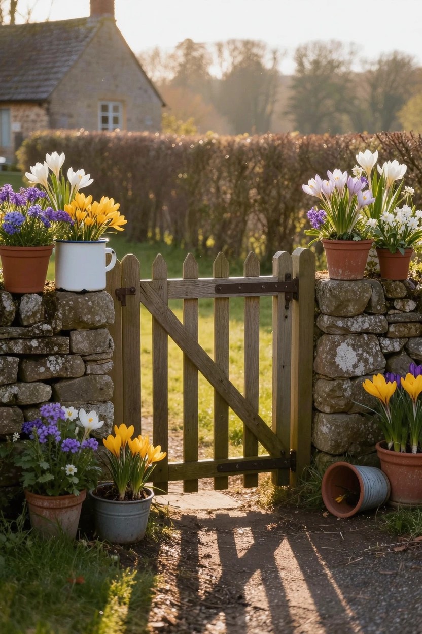 Rustic wooden gate between stone walls topped with colorful tulip pots in metal and terracotta containers, more pots on the ground nearby, hedge behind, golden evening light.